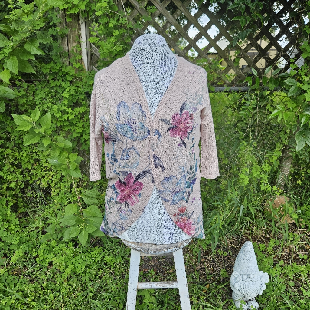 Light Blush Pink And Watercolor Floral Print Open Cardigan Shrug Top